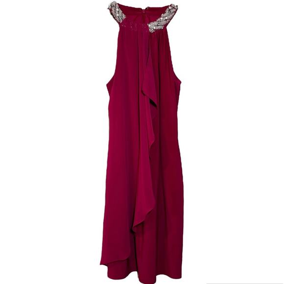 Cache Cocktail Dress Sleeveless Beaded Neck Ruffle Over Lay Fuschia Pink 4 - Picture 1 of 4